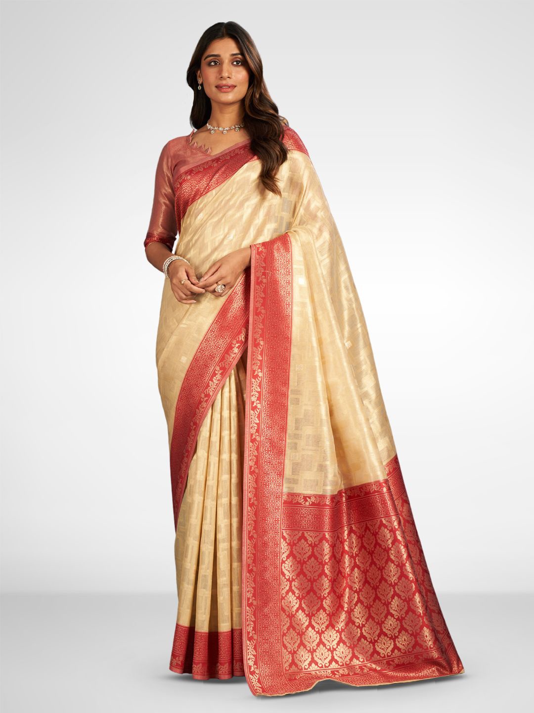 

SARHA Woven Design Zari Silk Cotton Saree, Beige