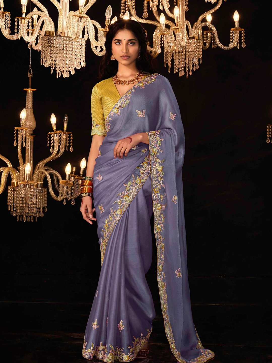 

MAHALASA Ethnic Motifs Embroidered Tissue Saree, Purple