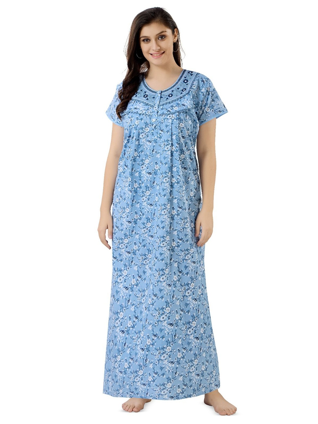 

Soulemo Women Floral Printed Pure Cotton Maxi Nightdress, Blue
