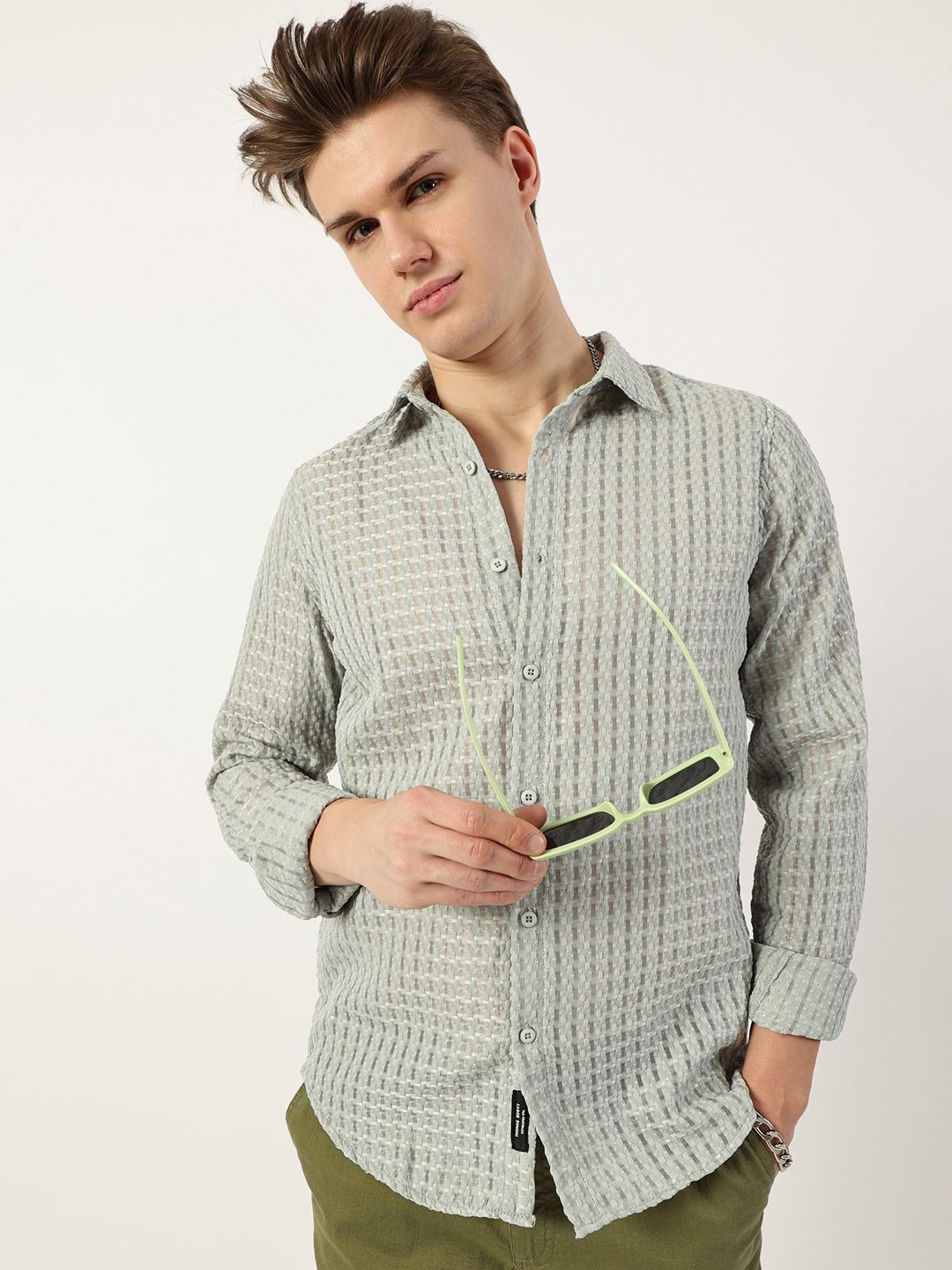 

Thomas Scott Men Premium Spread Collar Textured Solid Slim Fit Casual Shirt, Green