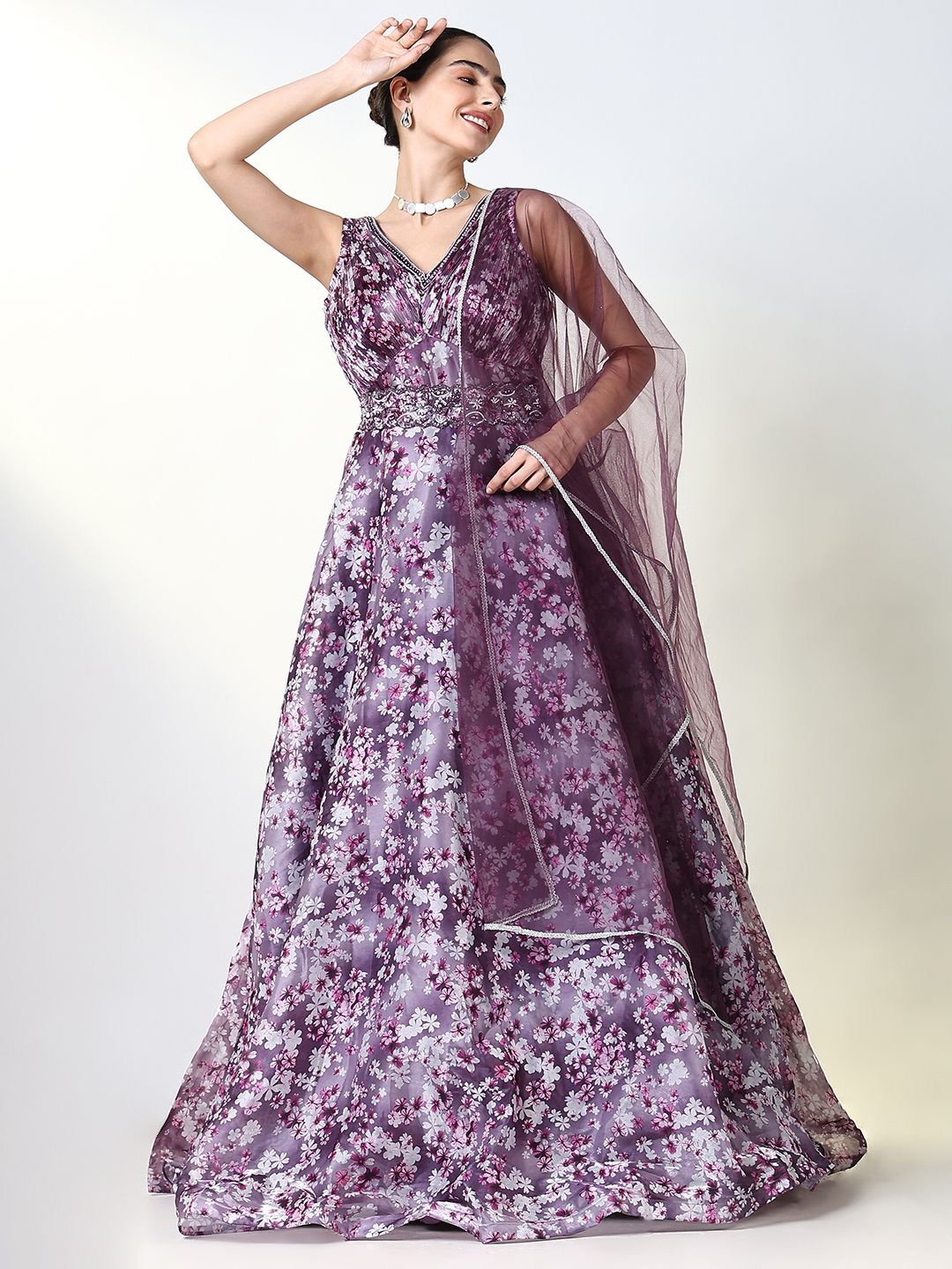 

SHOWOFF Floral Printed Embellished Georgette Ethnic Maxi Dress with Dupatta, Purple