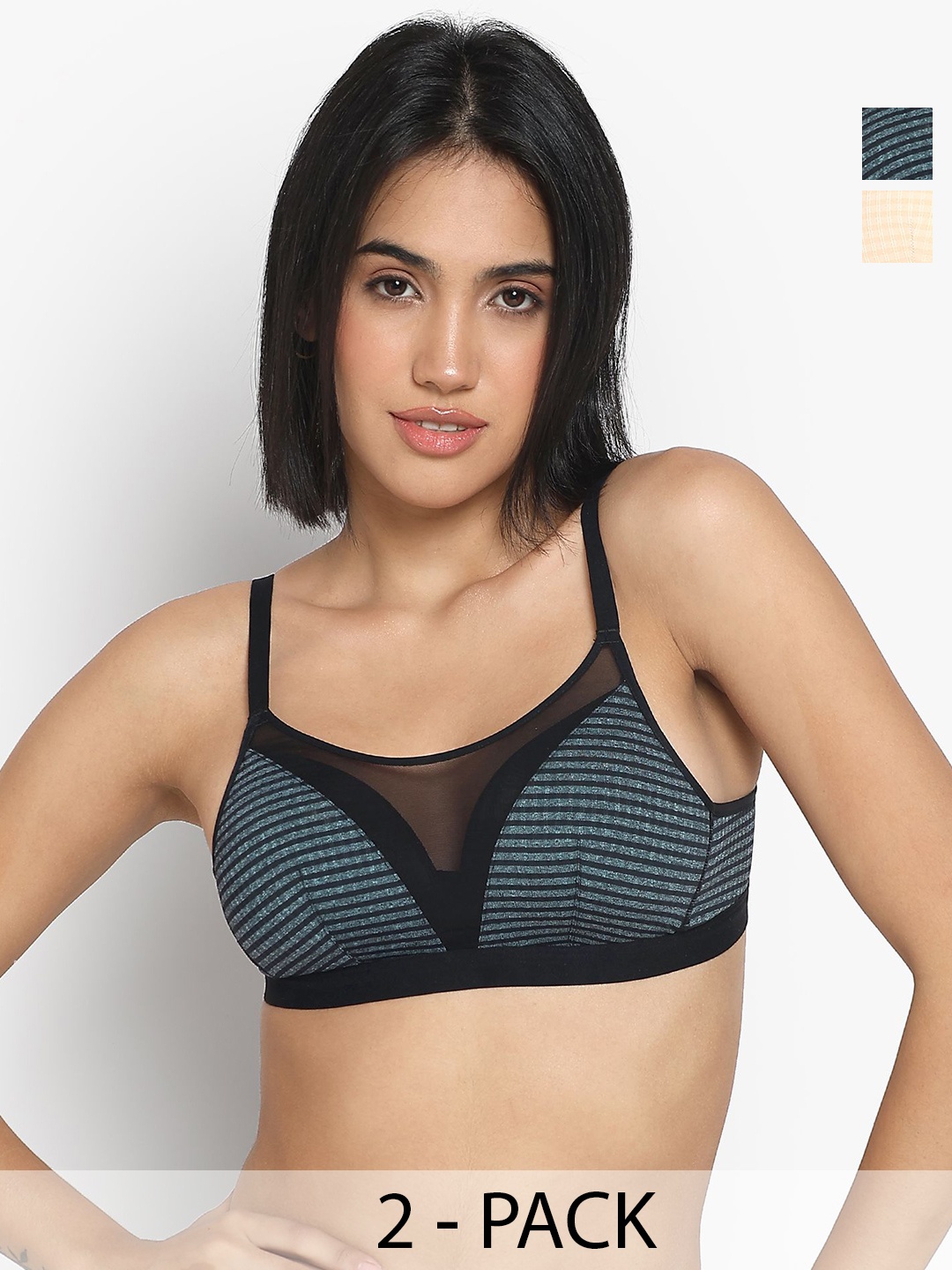 

PARKHA Pack Of 2 Striped Full Coverage Lightly Padded Everyday Bra, Black