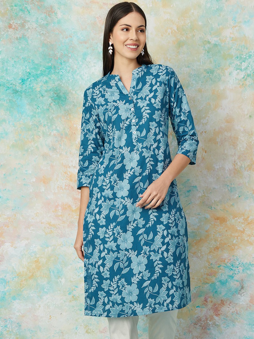 

Melange by Lifestyle Women Printed Flared Sleeves Sequinned Kurta, Teal