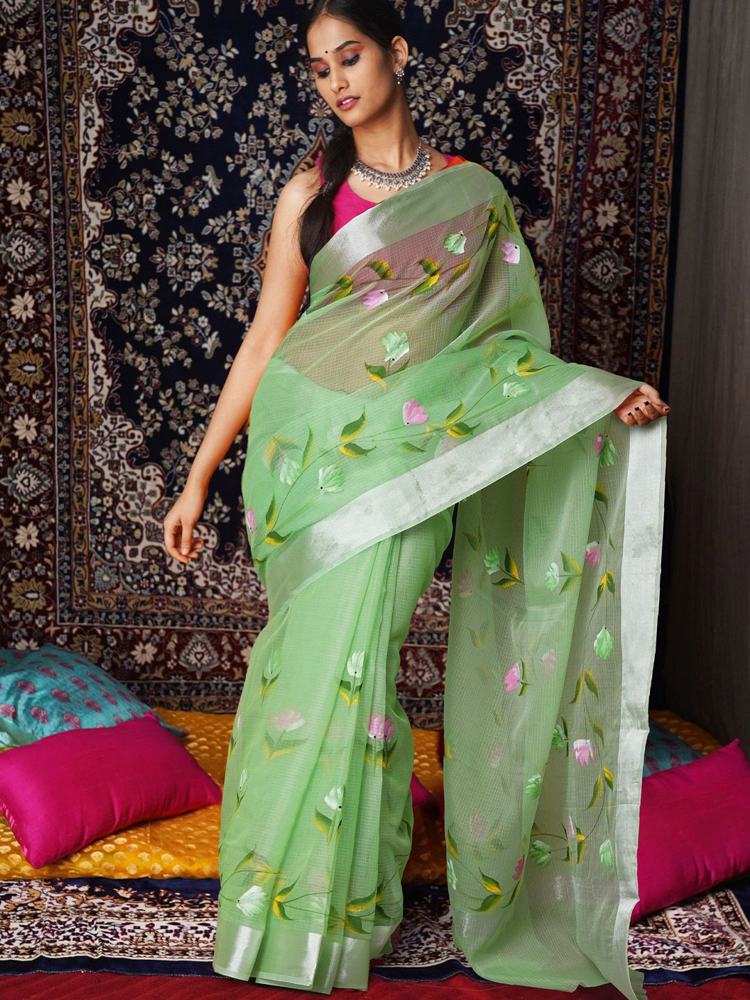 

Unnati Silks Floral Zari Net Handloom Kota Saree, Green