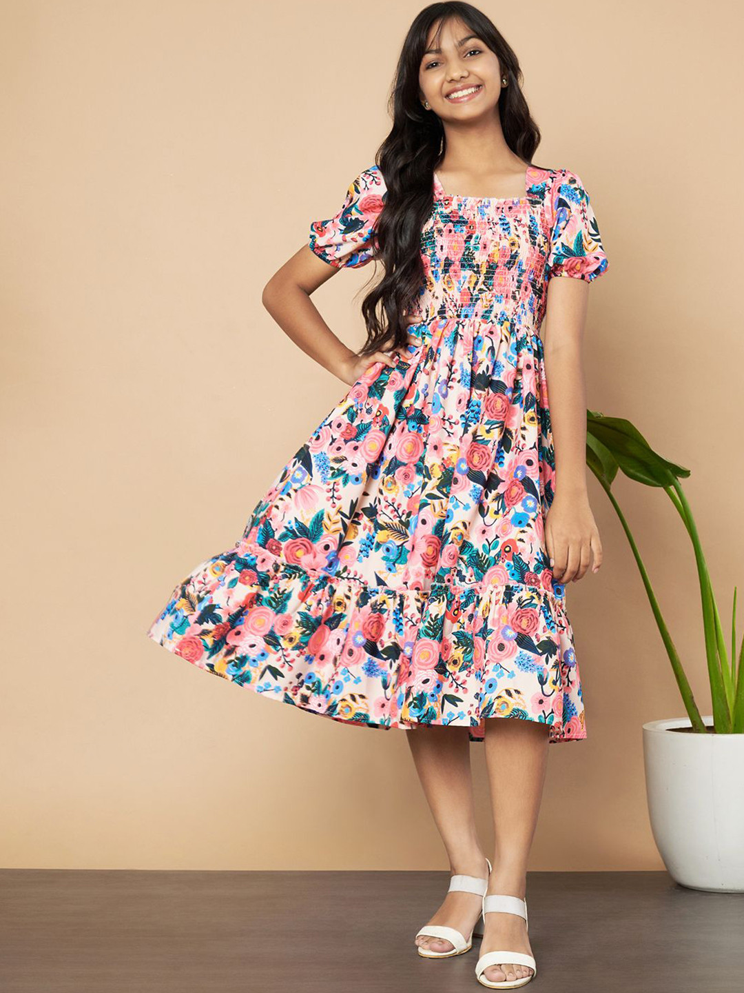 

OTABU Floral Print Puff Sleeve A-Line Midi Dress, Blue