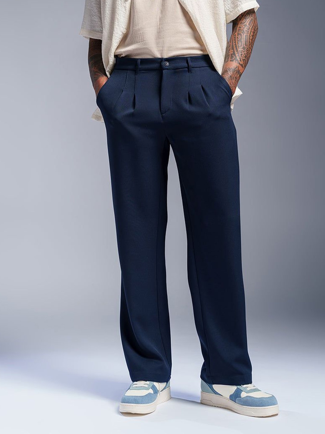 

FREAKINS Double Pleated Korean Pants, Navy blue