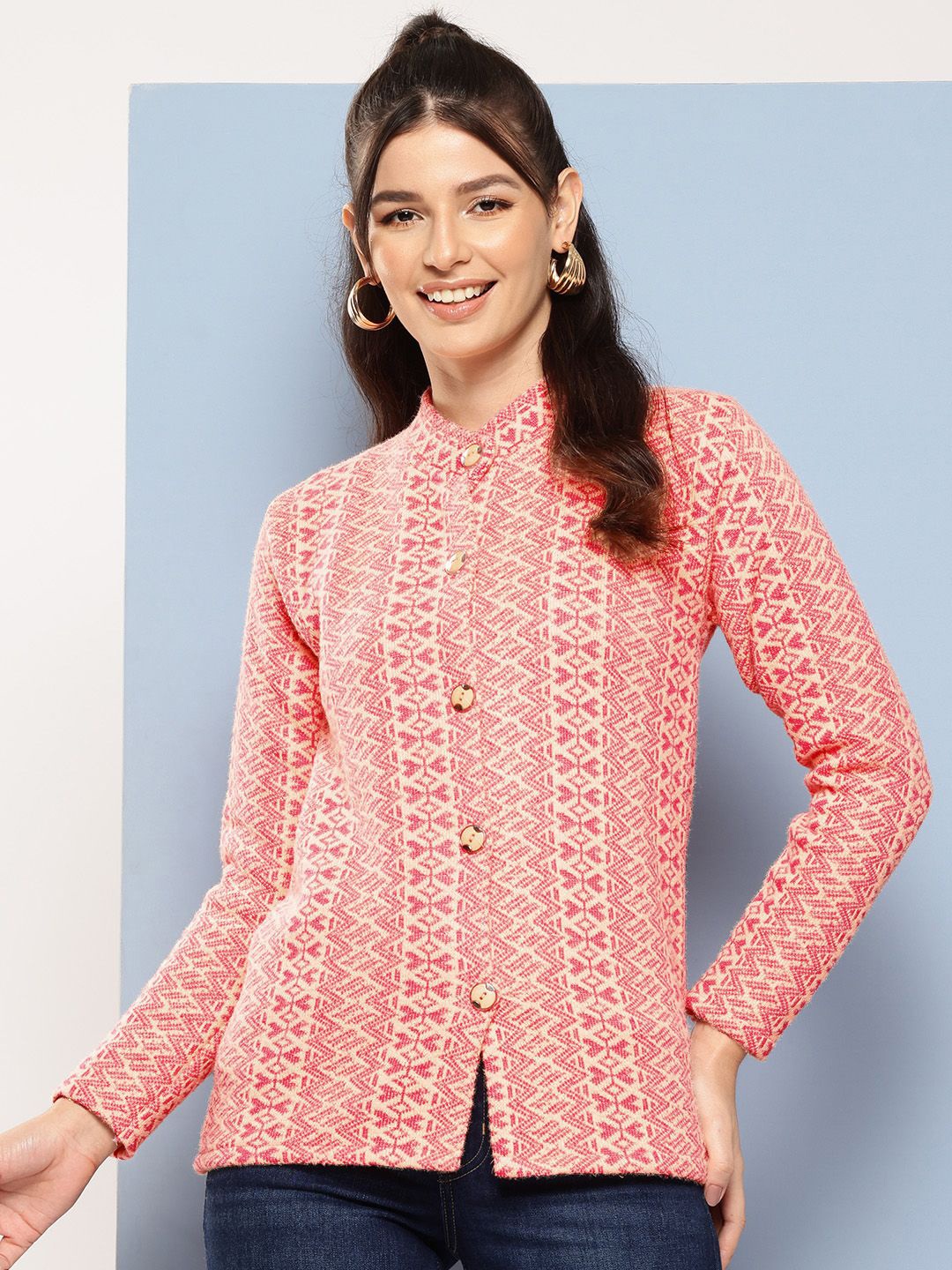 

BAESD Women Printed Woollen Cardigan, Orange