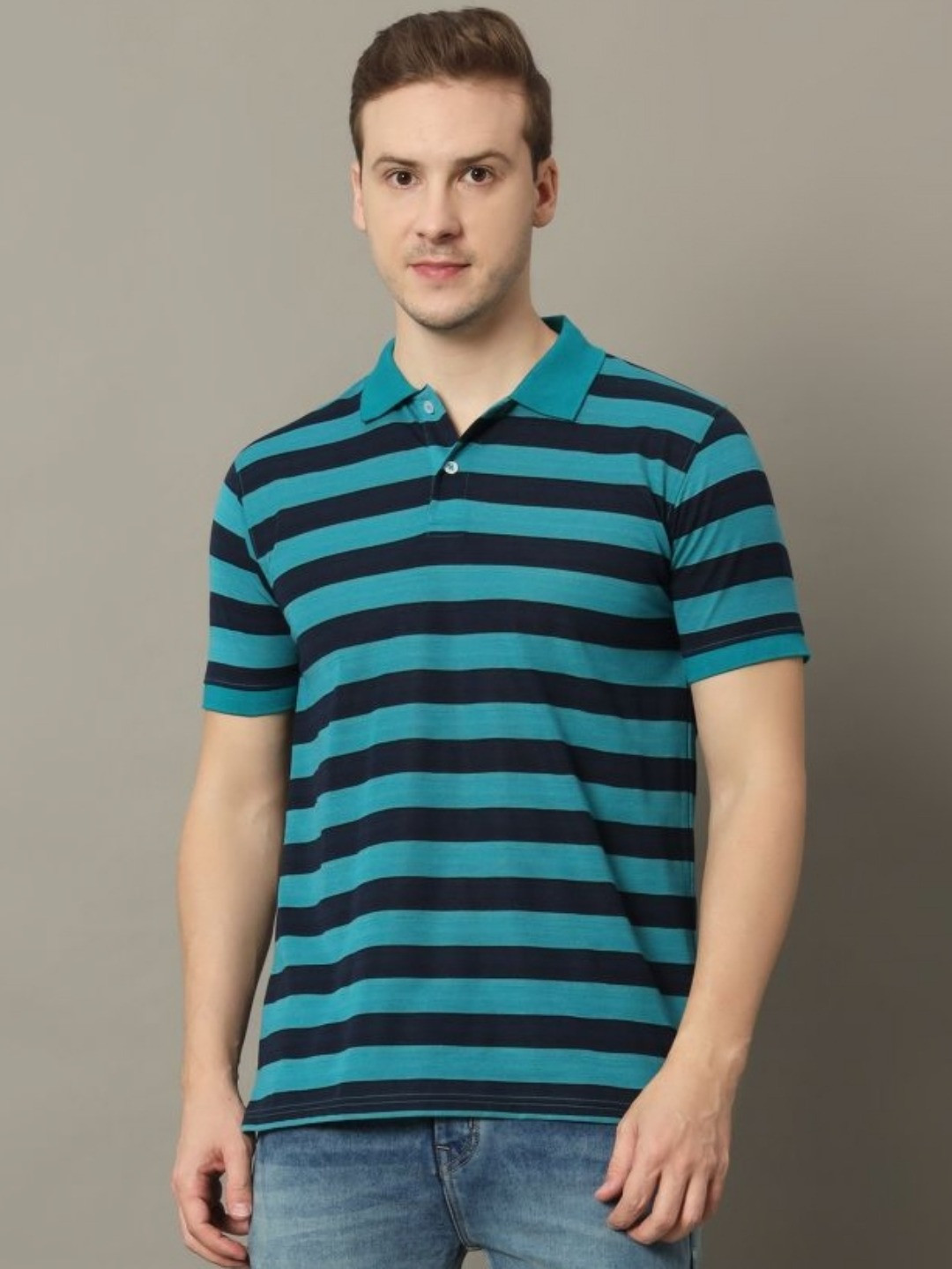 

GET GOLF Men Striped Polo Collar Cotton T-shirt, Blue