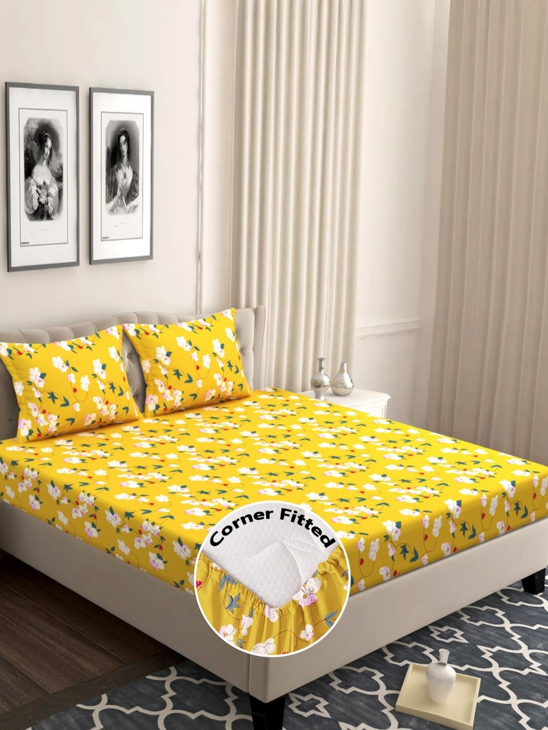 

bsb home Yellow & White Floral 210 TC Queen Bedsheet with 2 Pillow Covers