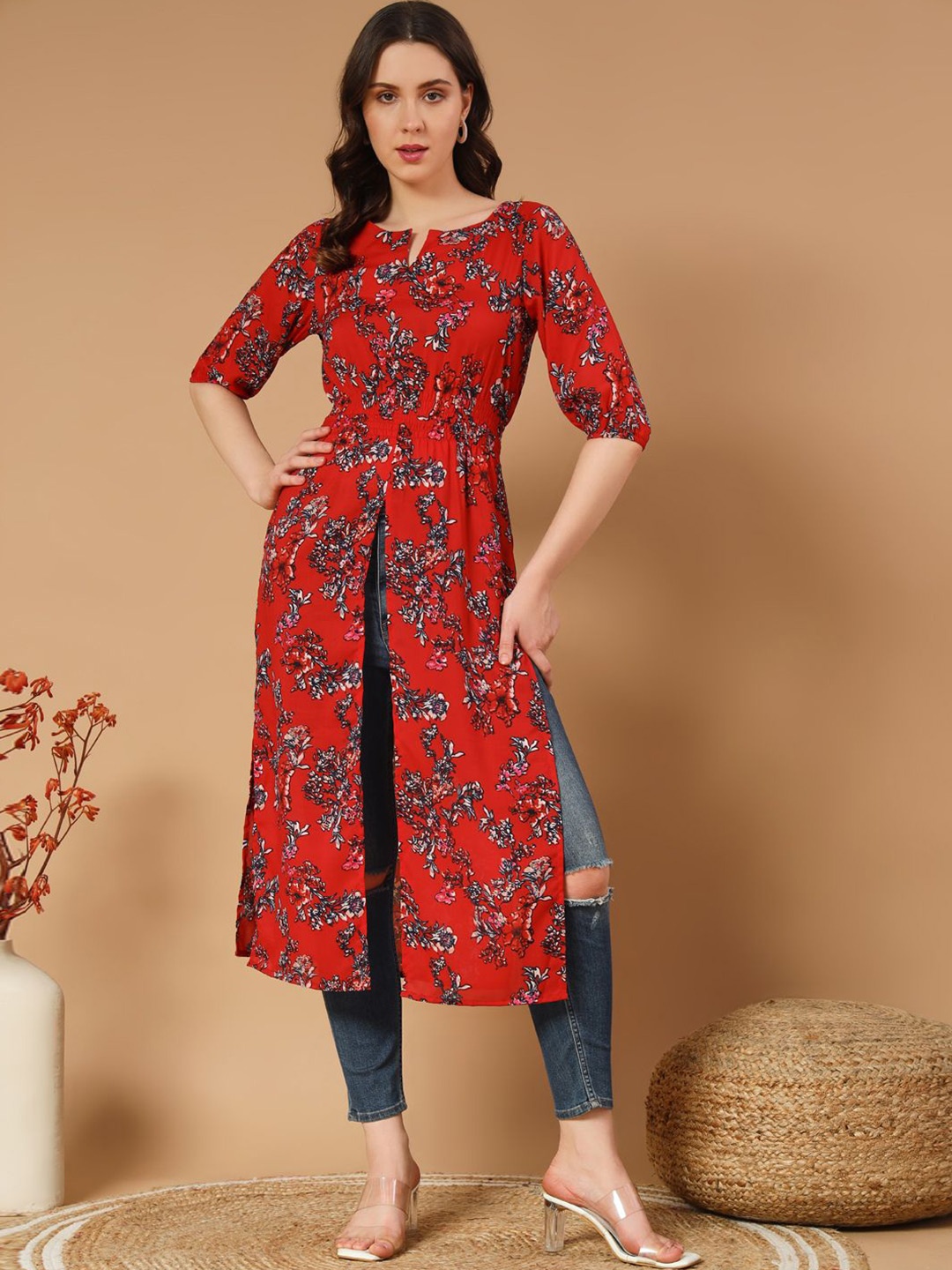 

BAESD Floral Print Crepe Longline Top, Red