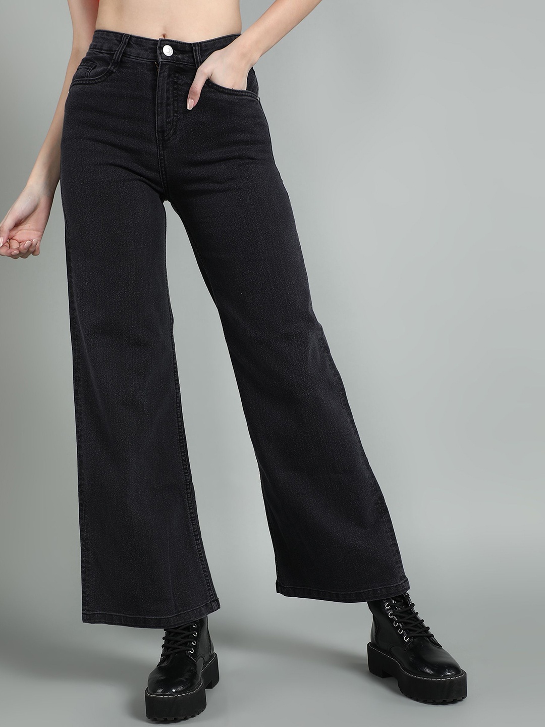 

GUTI Women Cotton Wide Leg High-Rise Stretchable Jeans, Black