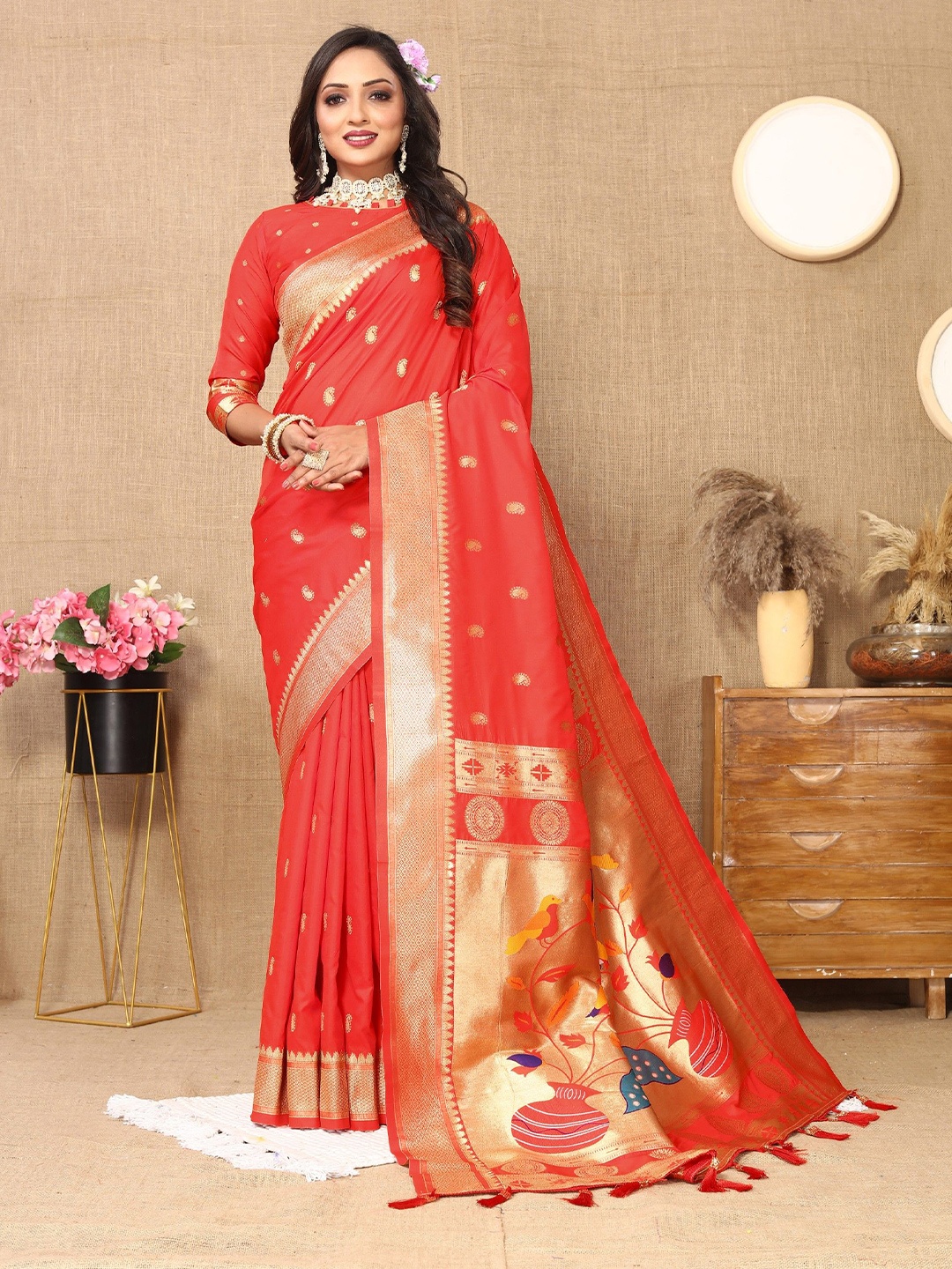

Anaita Woven Design Zari Silk Blend Designer Paithani Saree, Red