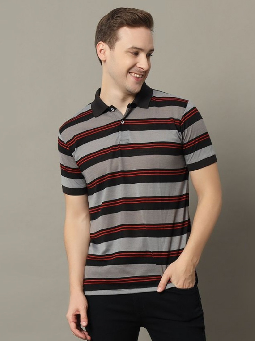 

GET GOLF Men Striped Polo Collar Cotton T-shirt, Black
