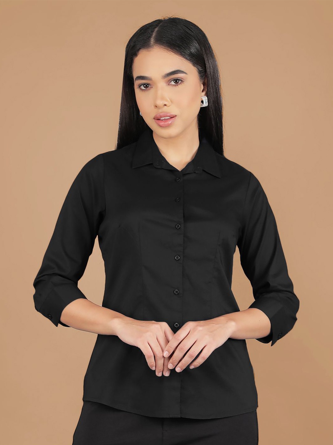 

Crimsoune Club Women Classic Spread Collar Solid Cotton Slim Fit Casual Shirt, Black