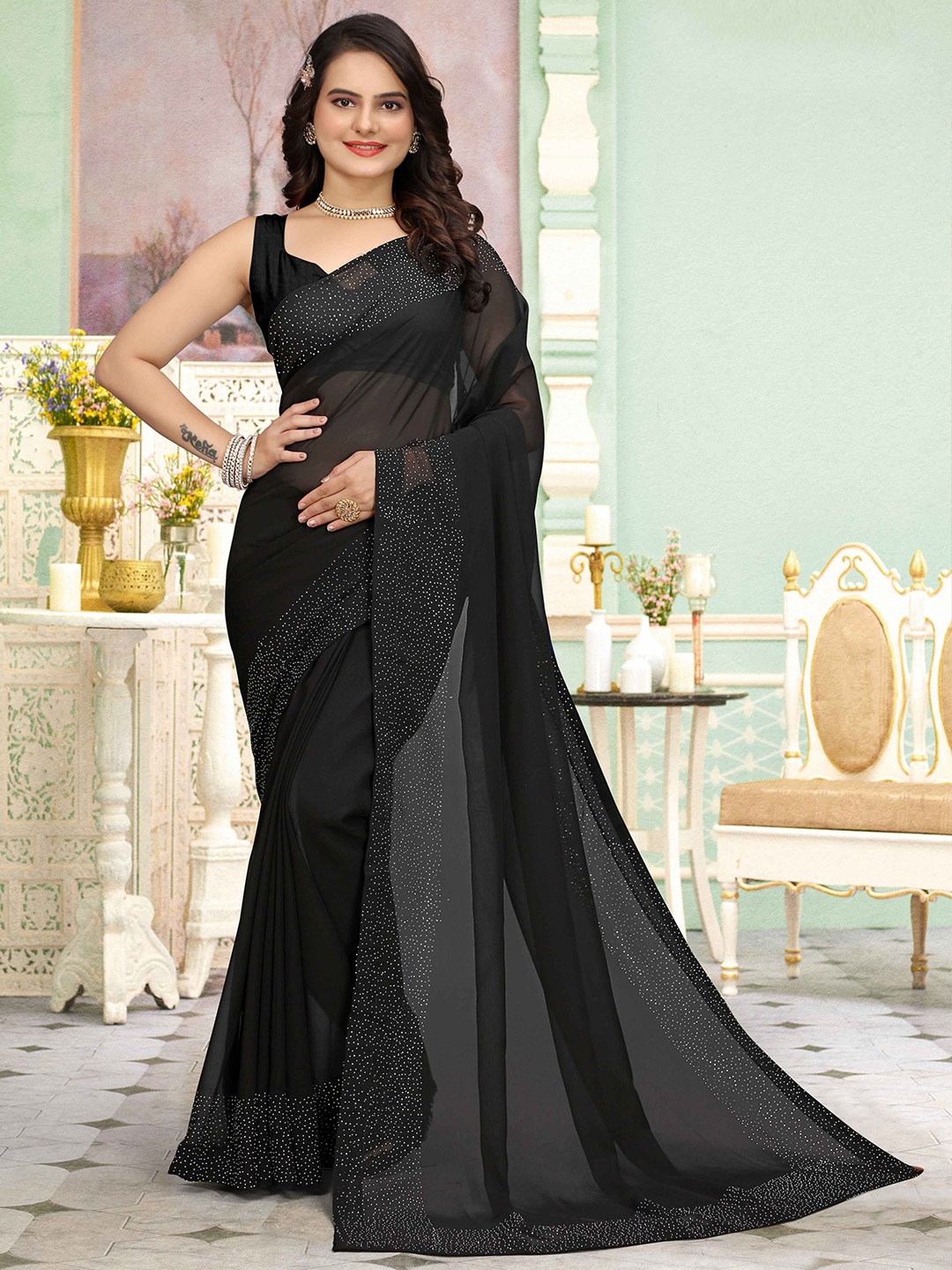 

Zeekha Beads and Stones Poly Georgette Heavy Work Kanjeevaram Saree, Black
