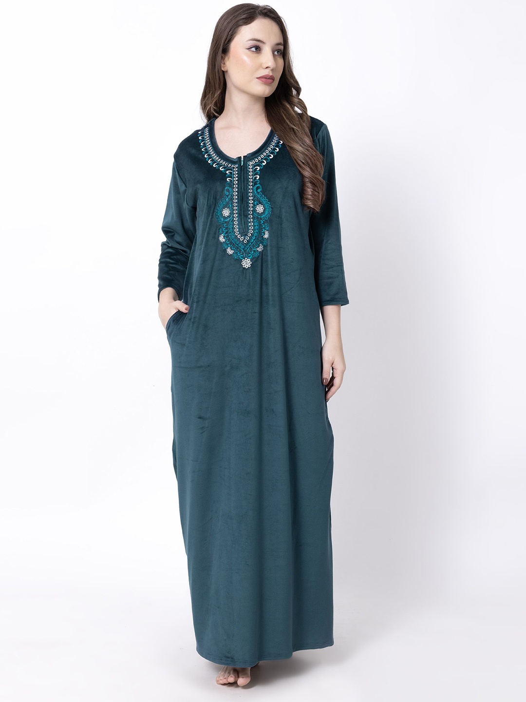 

AVYAY Embroidered Maxi Nightdress, Green