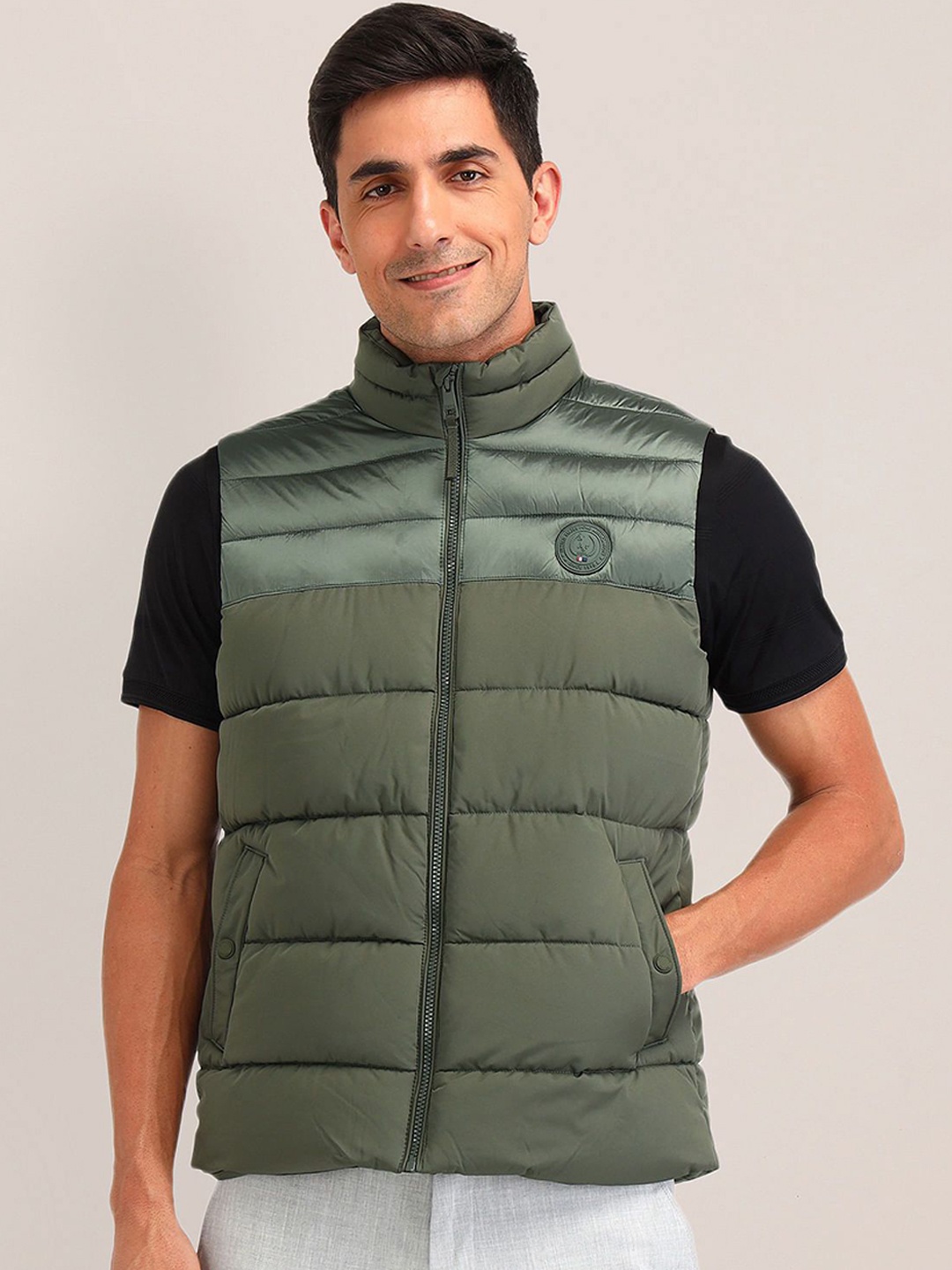 

U.S. Polo Assn. Men Colourblocked Longline Quilted Jacket, Green