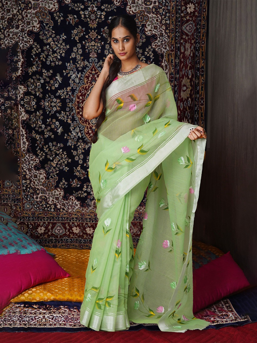 

Unnati Silks Floral Zari Net Handloom Kota Saree, Green