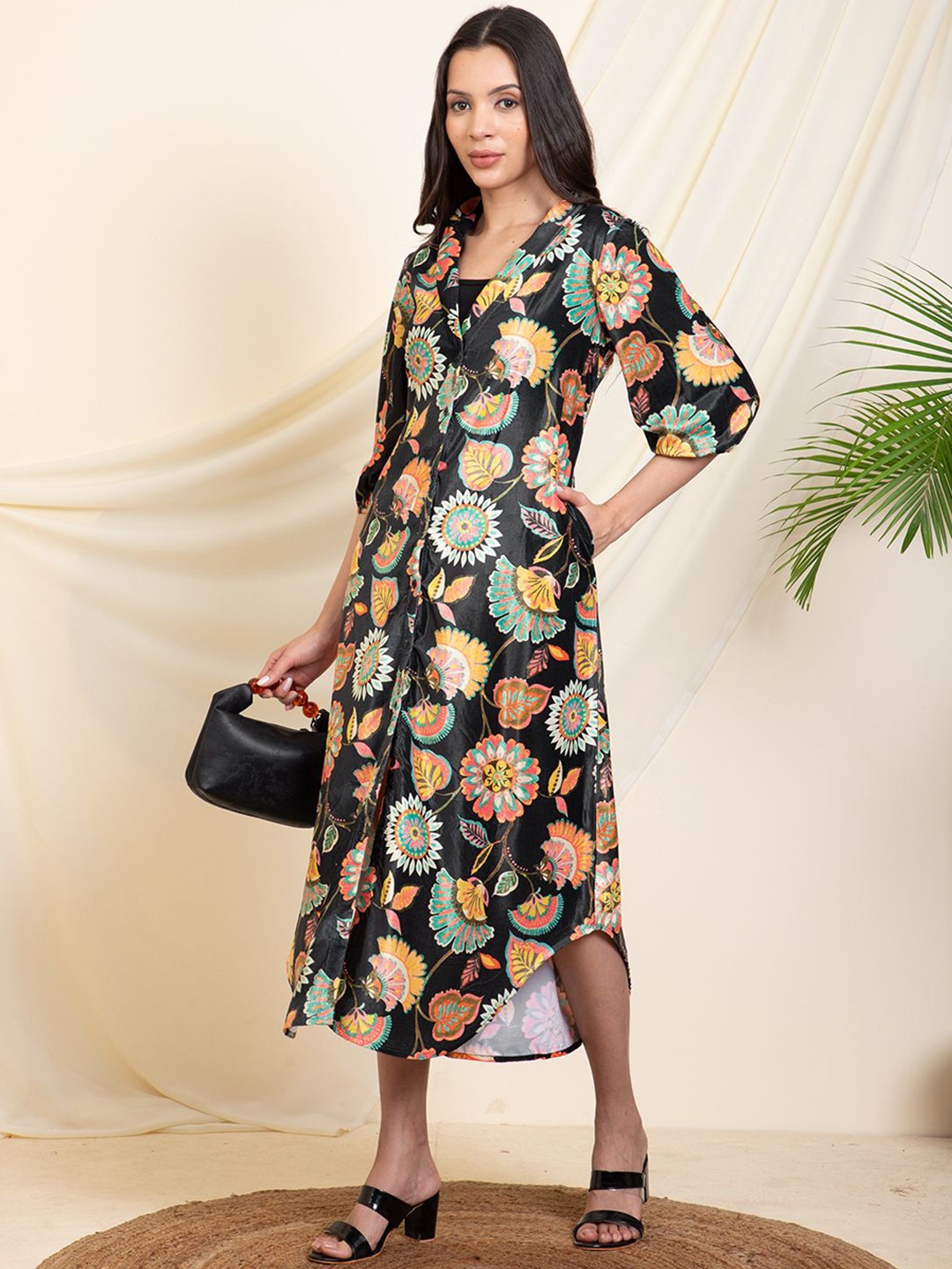 

DEEBACO Floral Print Velvet Shirt Maxi Dress, Multi