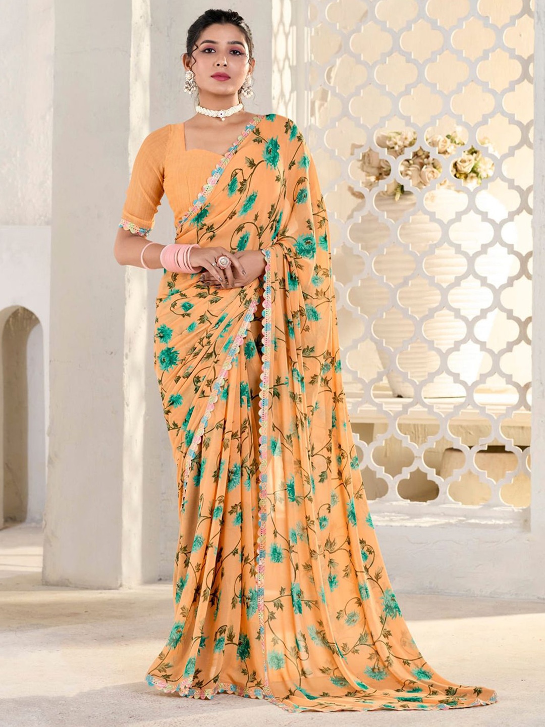 

Mitera Floral Pure Georgette Saree, Orange