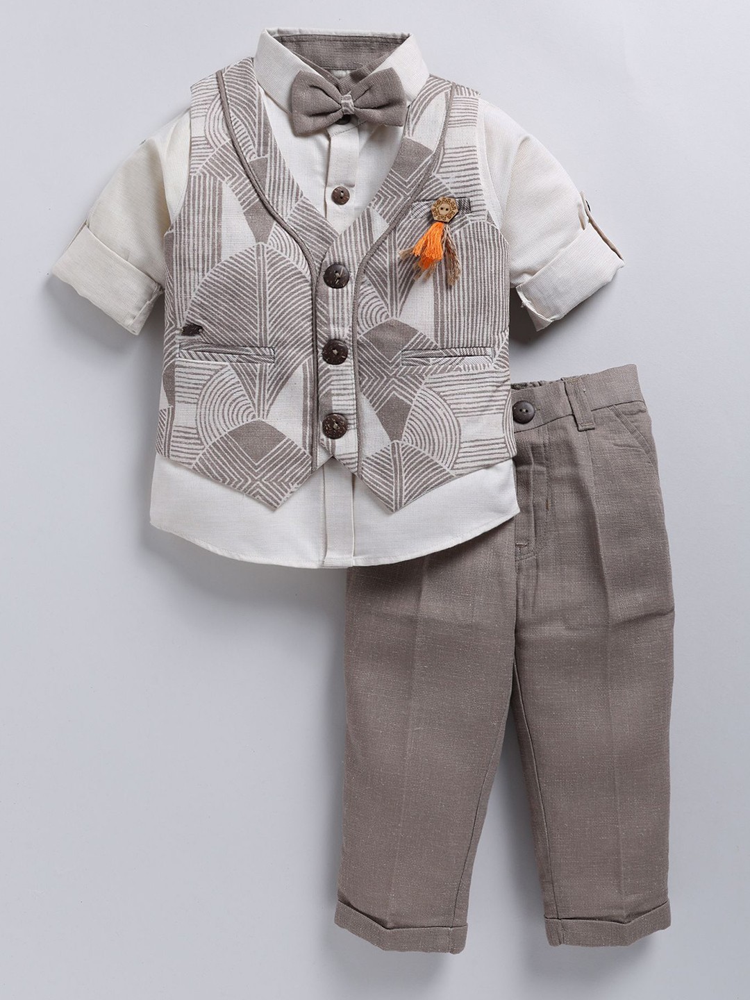 

LITTLE COLLARS Boys Printed Linen 3-Pcs Single-Breasted Suit, Brown