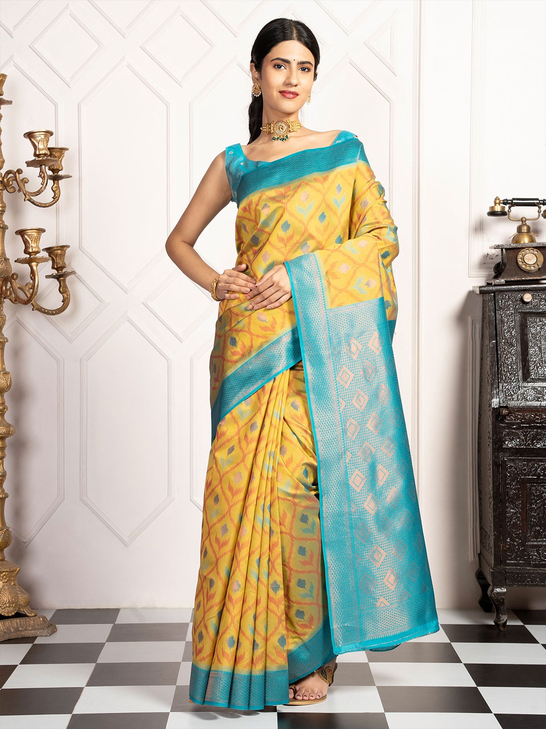 

MIMOSA Woven Design Zari Art Silk Pochampally Saree, Yellow