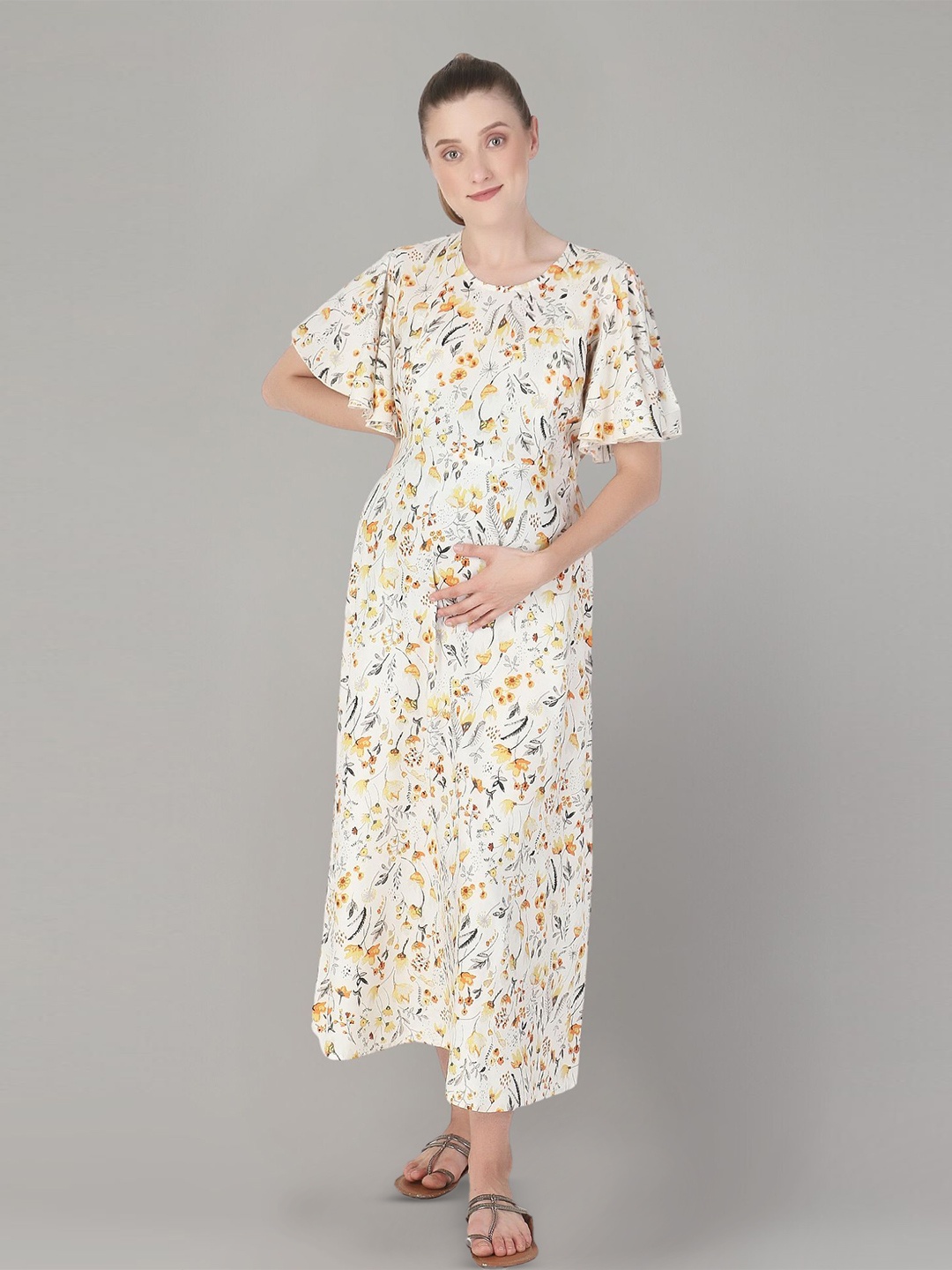 

Zuvino Floral Print Flared Sleeve Maternity Fit & Flare Midi Dress, Cream