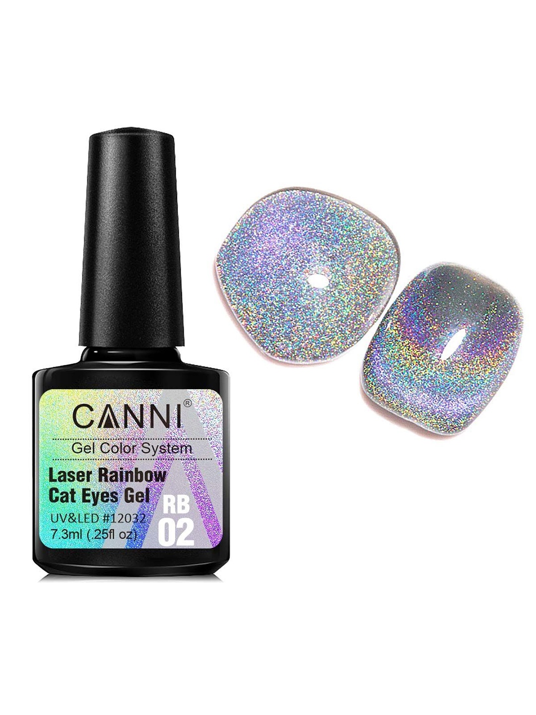 

CANNI Laser Rainbow Cat Eyes Gel Glitter 9D Nail Polish - 7.3 ml - RB02, Silver
