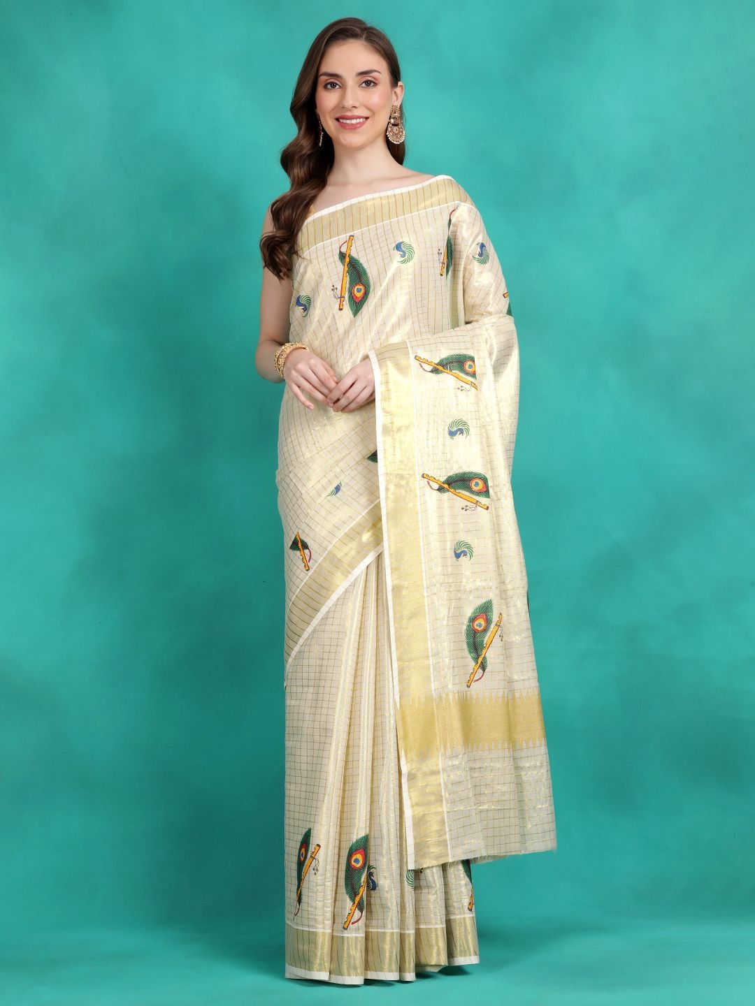 

Sangria Woven Design Kasavu Saree With Blouse, Cream