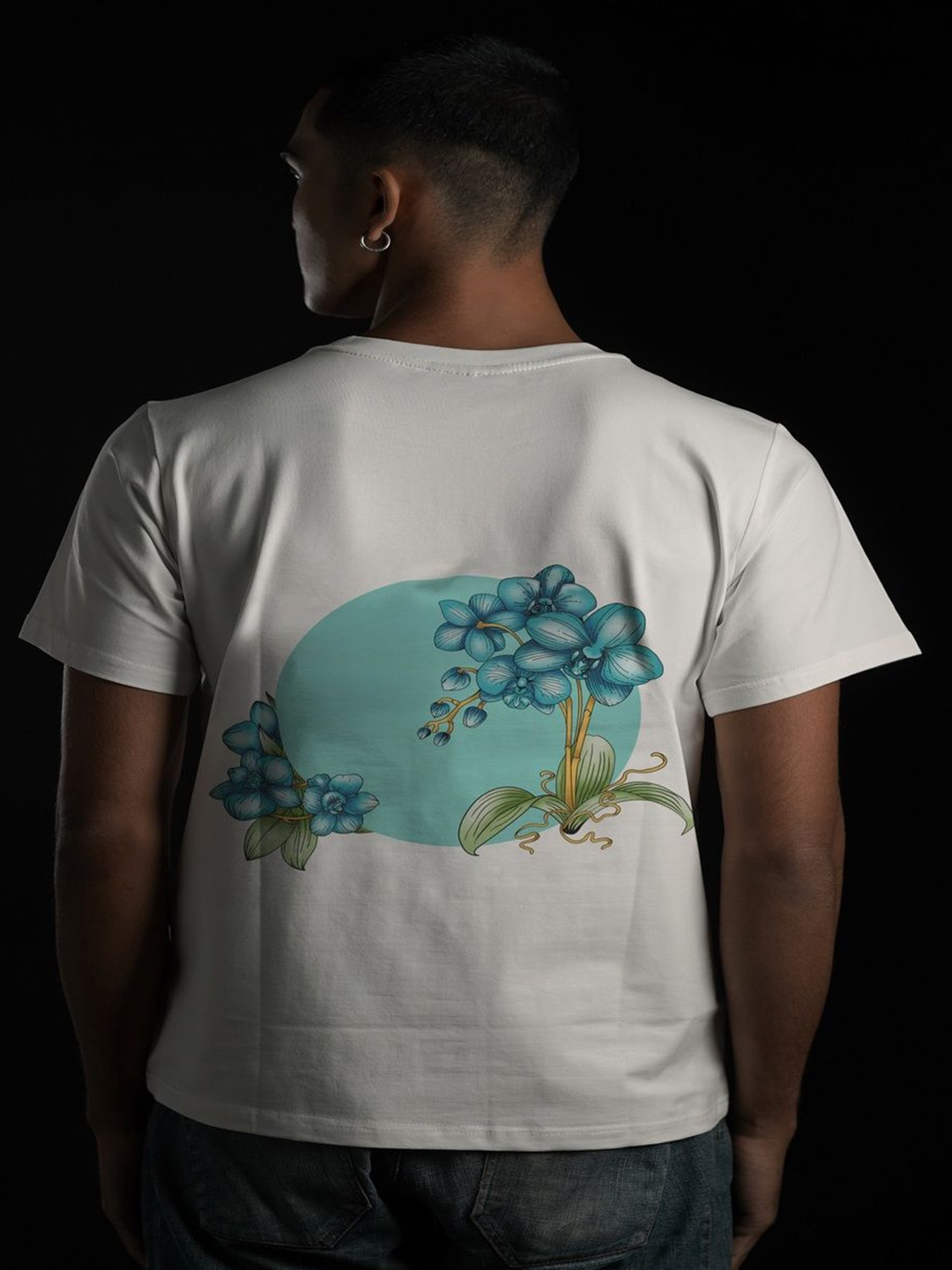 

EKSDEE Men Floral Drop-Shoulder Sleeves Applique T-shirt, White