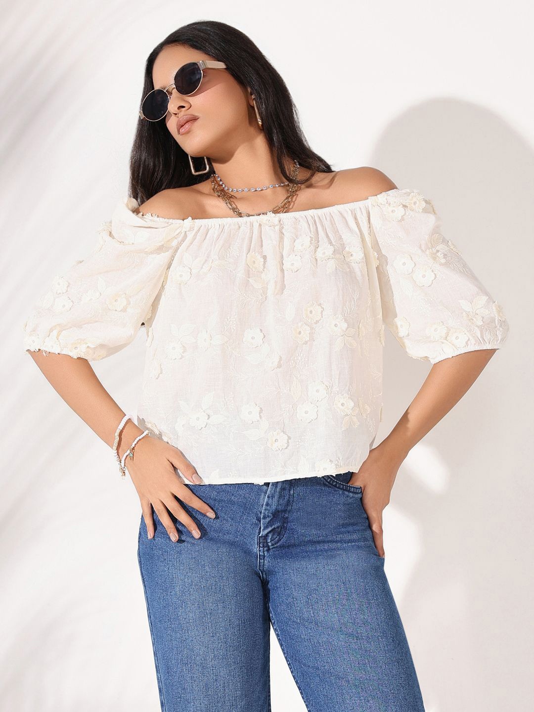 

SHOWOFF Women Floral Embroidered Off-Shoulder Puff Sleeve Bardot Top, Cream