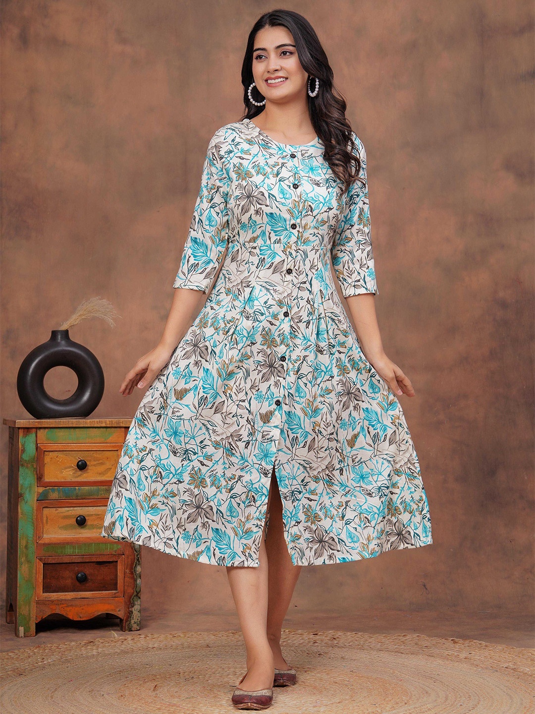 

DIZON Printed Pure Cotton Midi Ethnic Dress, Blue