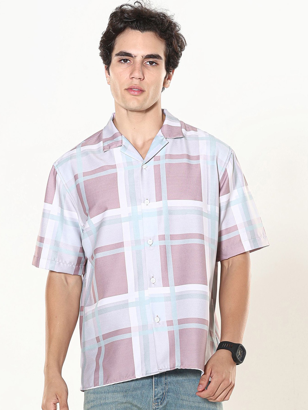 

Espanshe Men Custom Cuban Collar Checked Oversized Casual Shirt, Lavender
