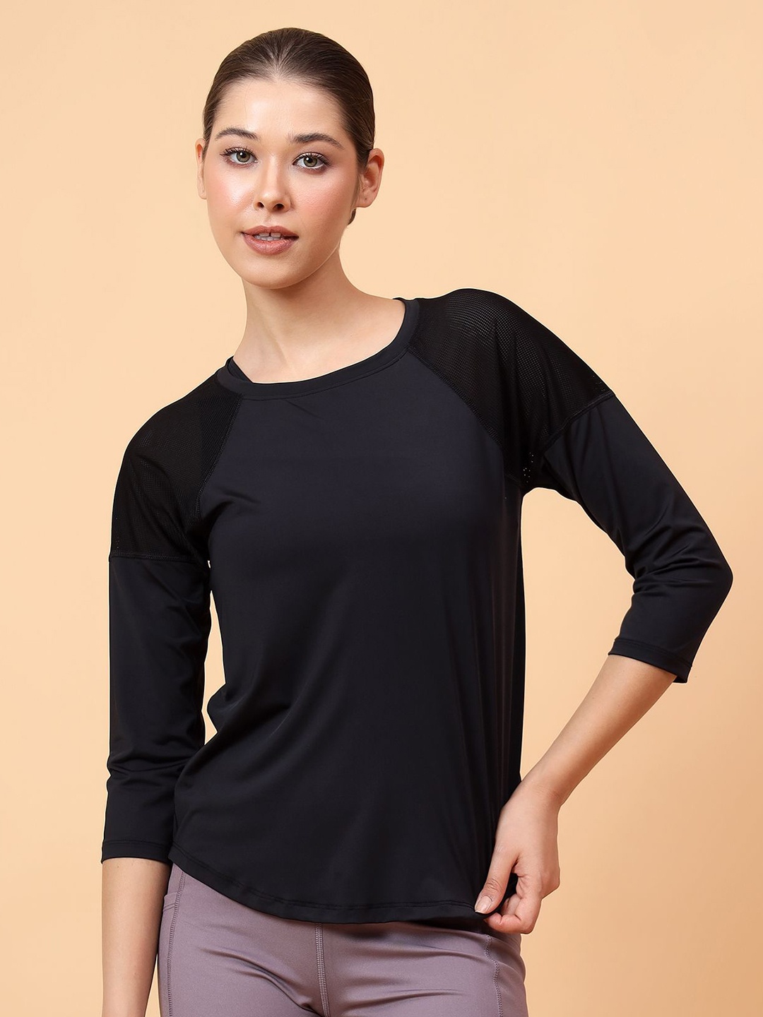 

Fitkin Women Back Mesh Panel Tshirt, Black