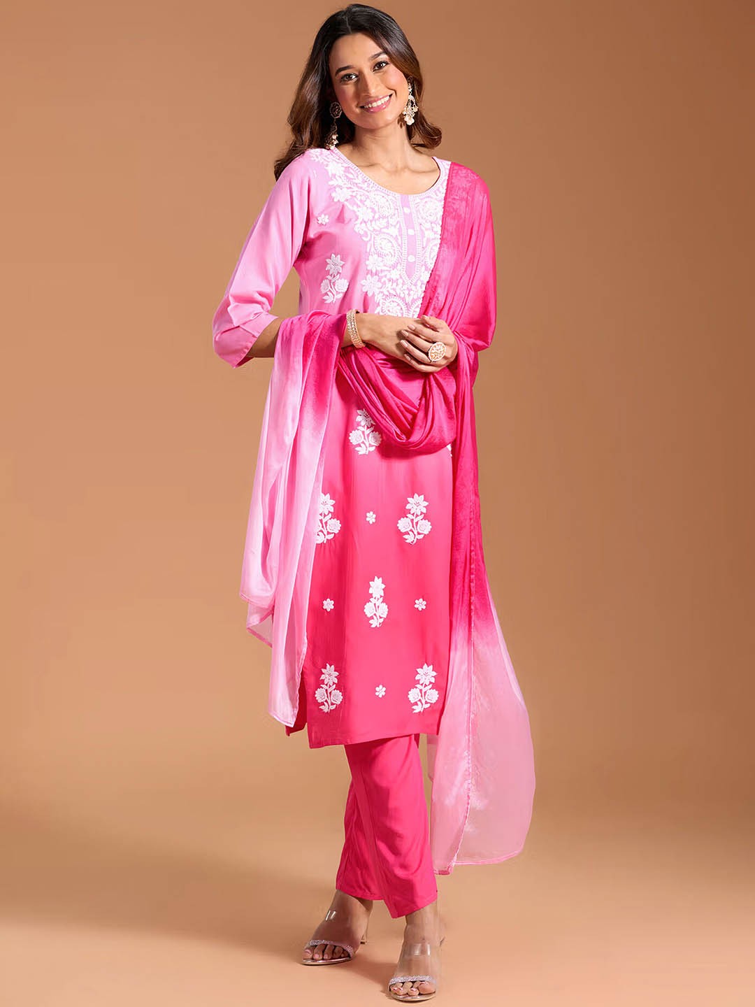 

House of Pataudi Chikankari Embroidered Ombre Kurta & Trouser With Dupatta, White