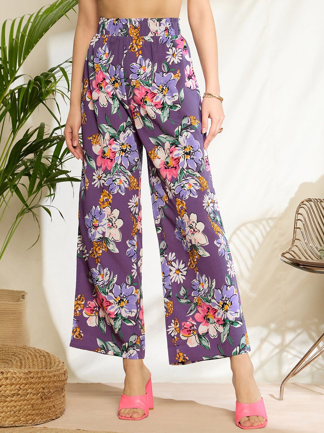 

Berrylush Women Floral Printed Relaxed Loose Fit High-Rise Pleated Trousers, Purple