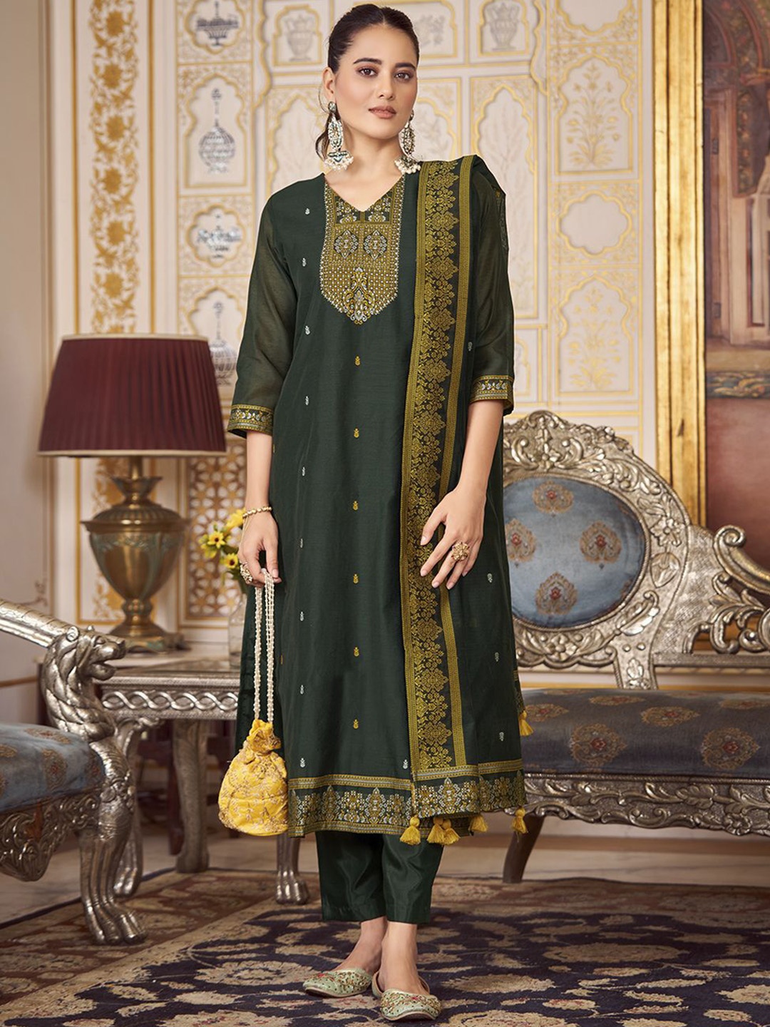 

KALINI Women Woven Straight Silk Blend Kurta with Trousers & With Dupatta, Green