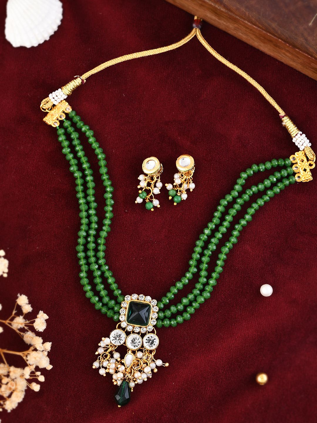 

Silvermerc Designs Gold-Plated American Diamond Studded & Beaded Jewellery Set