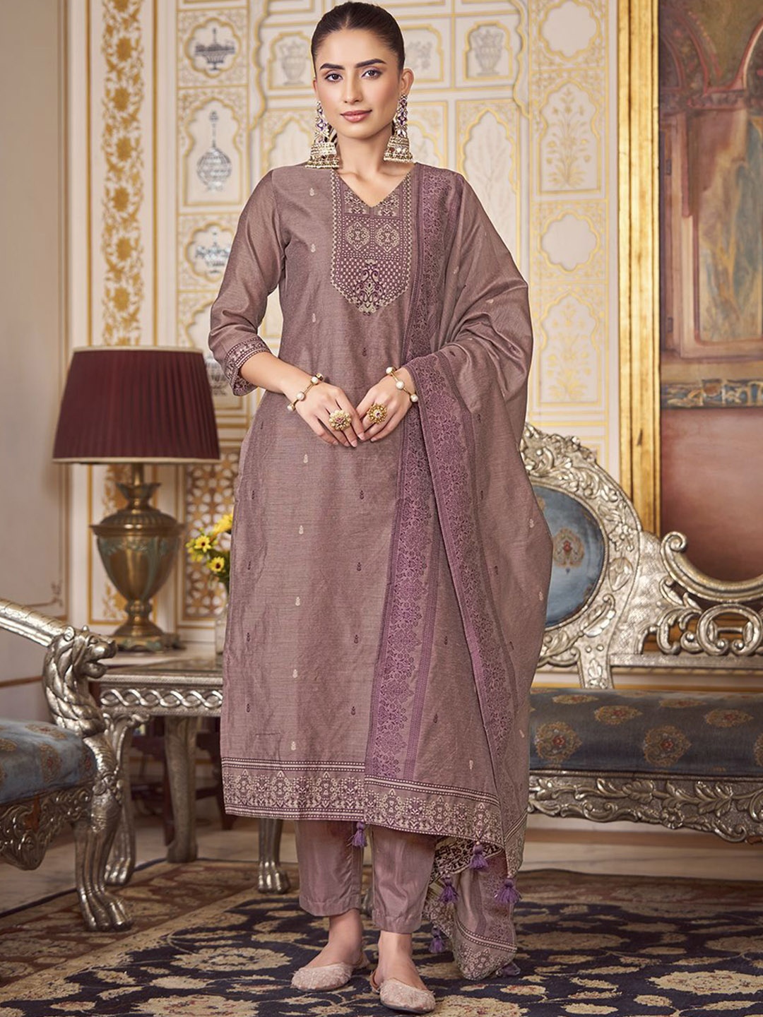 

KALINI Women Woven Straight Silk Blend Kurta with Trousers & With Dupatta, Magenta