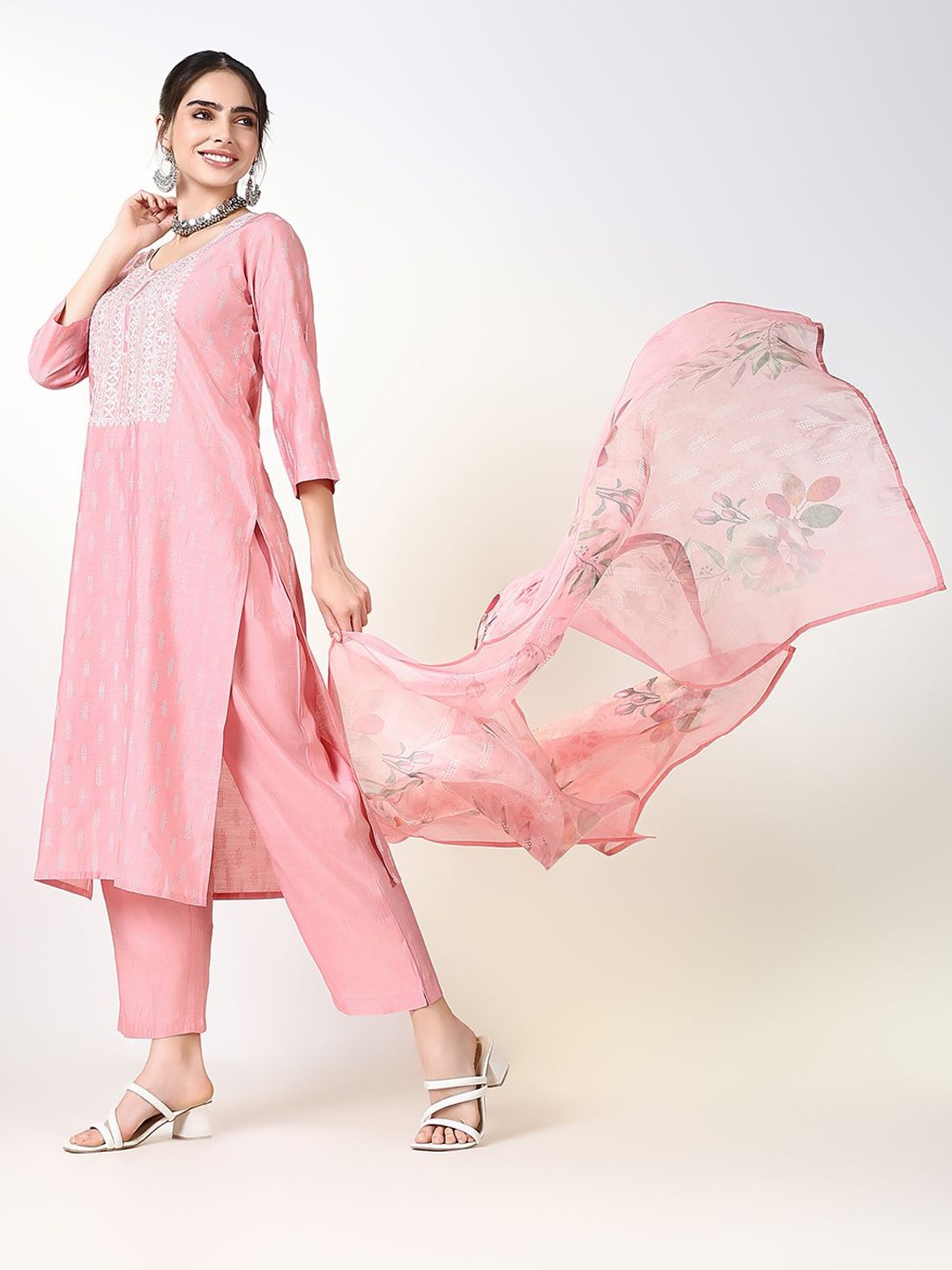 

SHOWOFF Women Printed Regular Thread Work Kurta with Trousers & With Dupatta, Pink
