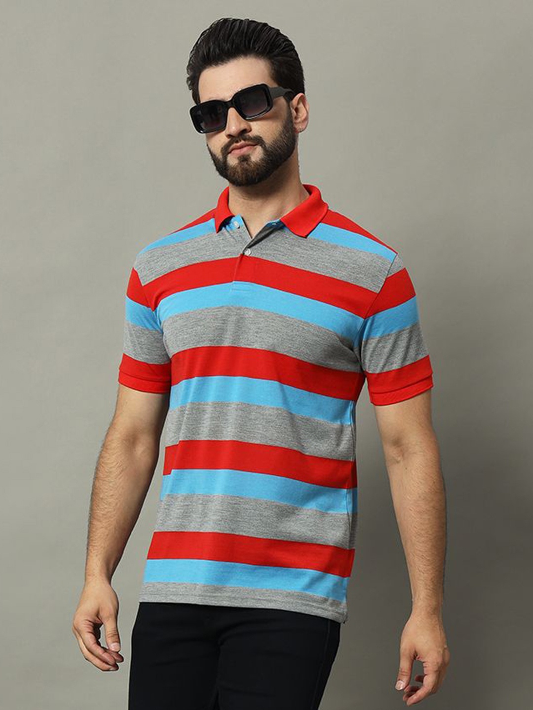 

GET GOLF Men Striped Polo Collar Cotton T-shirt, Red