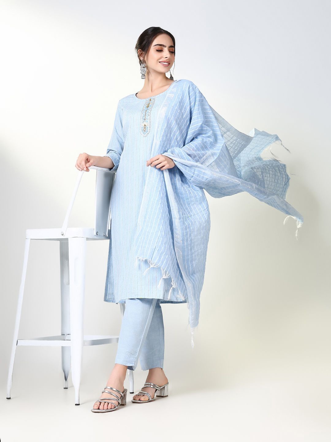 

SHOWOFF Women Striped Regular Kantha Work Kurta with Trousers & With Dupatta, Blue