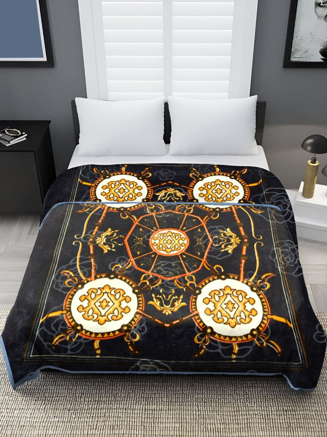 

Spangle Grey & Yellow Ethnic Motifs Mink Heavy Winter 450 GSM Double Bed Blanket