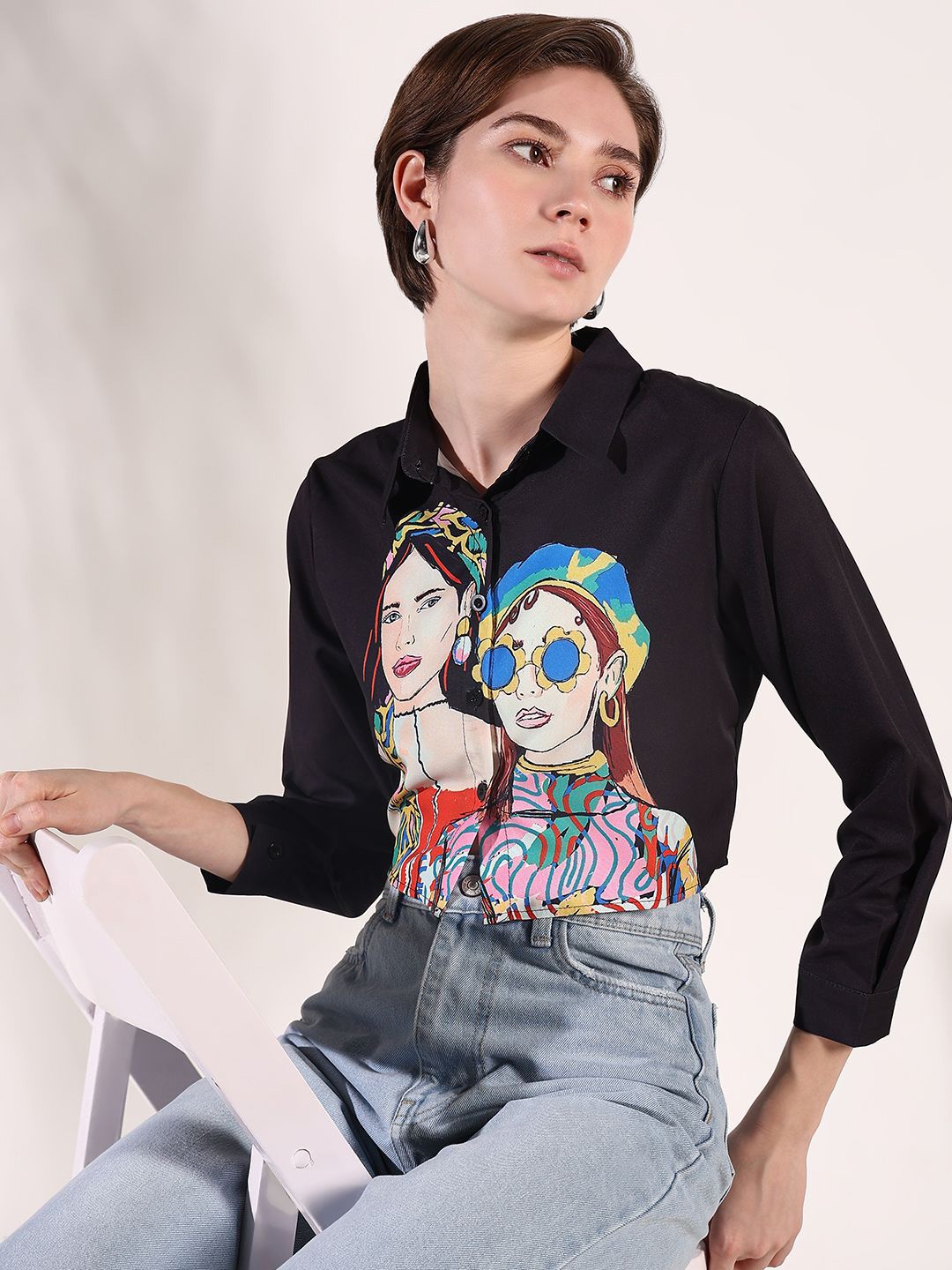 

SHOWOFF Women Comfort Boxy Opaque Printed Casual Shirt, Black