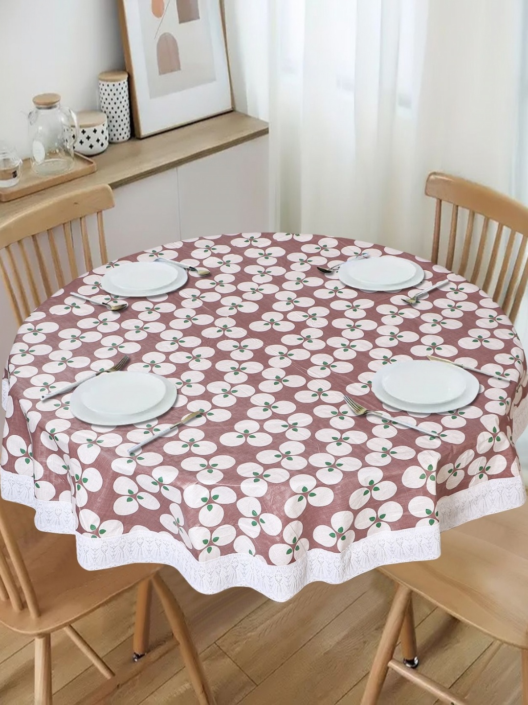 

Dakshya Industries Brown Geometric Printed Waterproof Plastic Round 6-Seater Table Cover with Embroidered