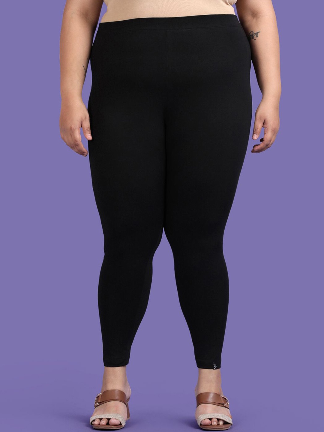 

TWIN BIRDS Plus Size Women Solid Super Stretch Cotton Ankle Length Leggings, Black
