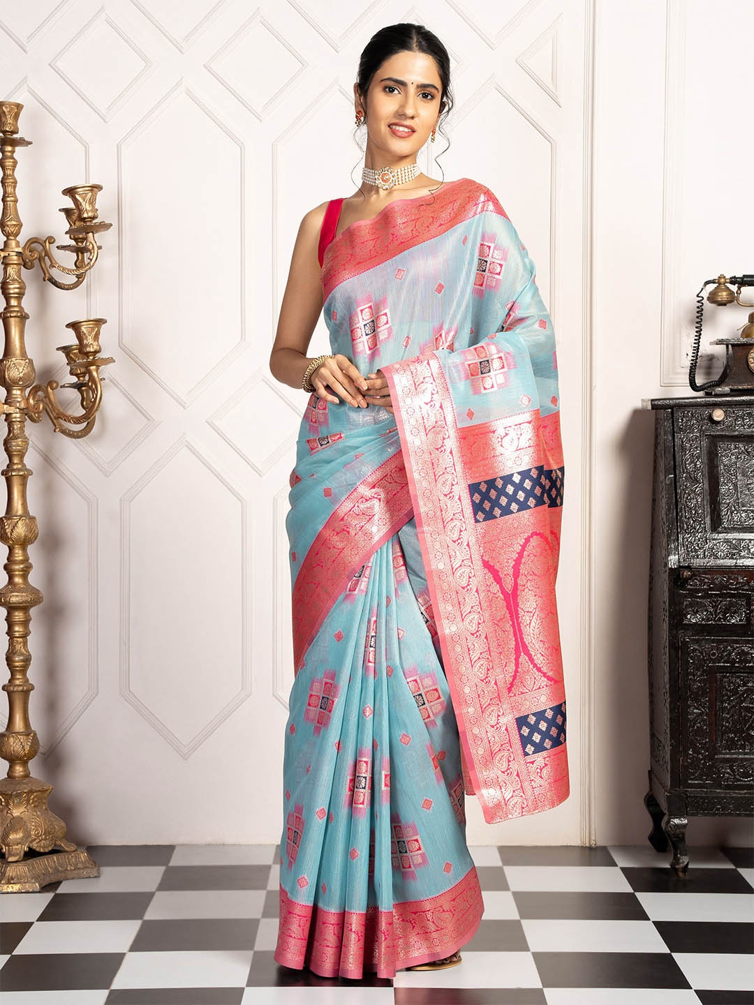 

MIMOSA Ethnic Motifs Woven Design Zari Kanjeevaram Saree, Turquoise blue