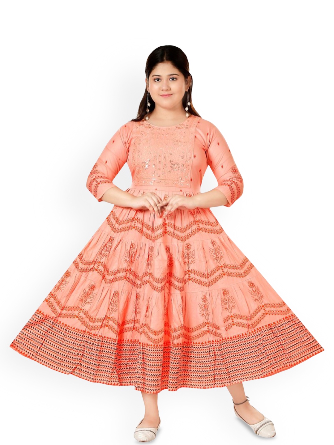 

BAESD Girls Embroidered Flared Ethnic Dress, Peach