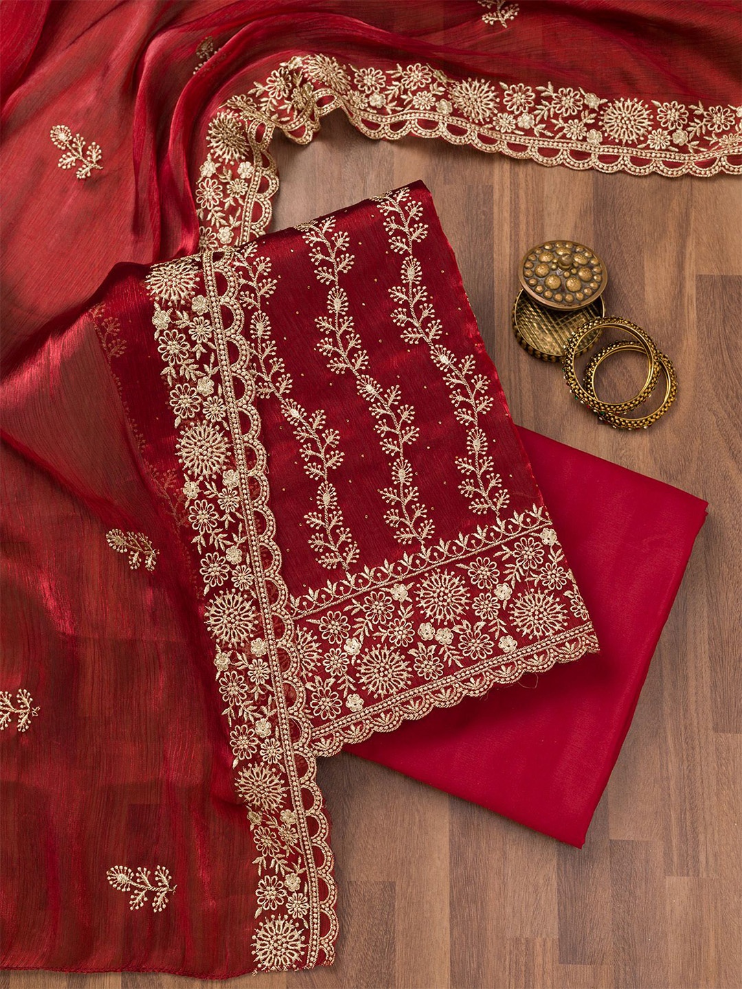 

Koskii Embroidered Unstitched Dress Material, Red