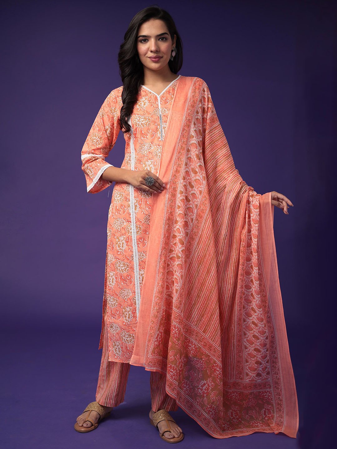 

ZARI Pure Cotton Unstitched Dress Material, Peach